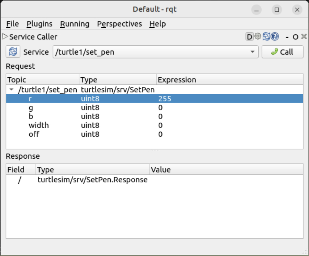 The rqt Service Caller calling /turtle1/set_pen with r set to 255